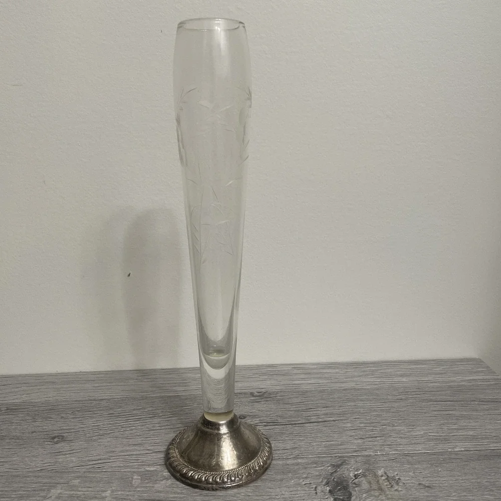 Duchin Creation Sterling‎ Silver Etched Glass Floral Bud Vase Vintage